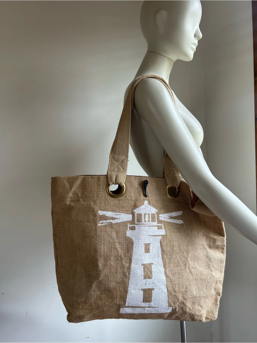 Beige Jute Lighthouse Tote — Casual Beach Canvas Bag